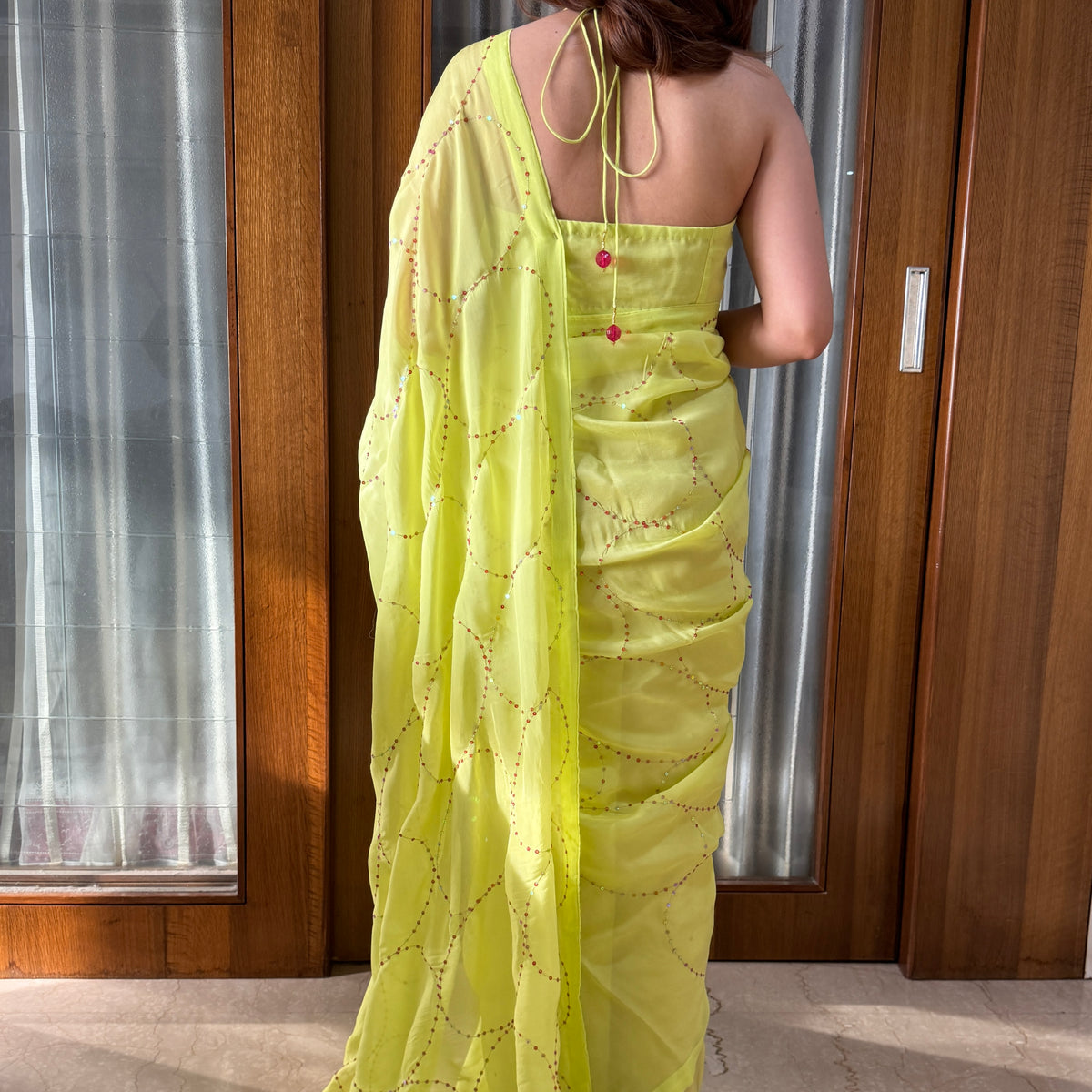 Lime Green Sequin Organza Saree