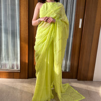Lime Green Sequin Organza Saree