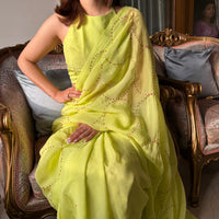 Lime Green Sequin Organza Saree