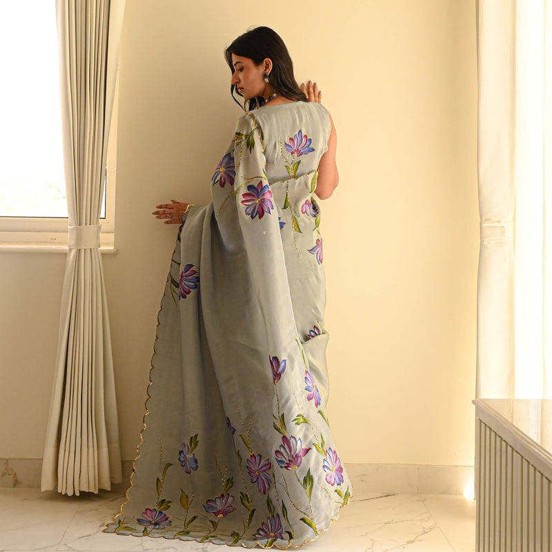 Pastel Silk Tissue Handpainted Saree